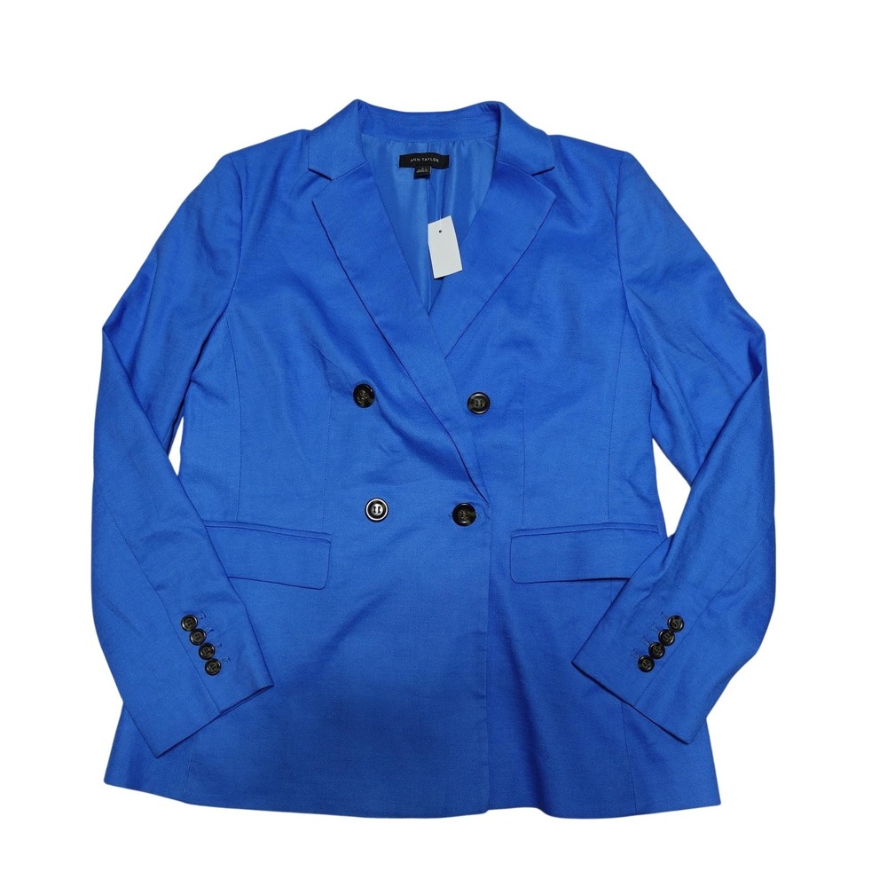 Ann Taylor Blazer Womens 8 Blue Linen Blend Double Breasted Lined Twill Jacket